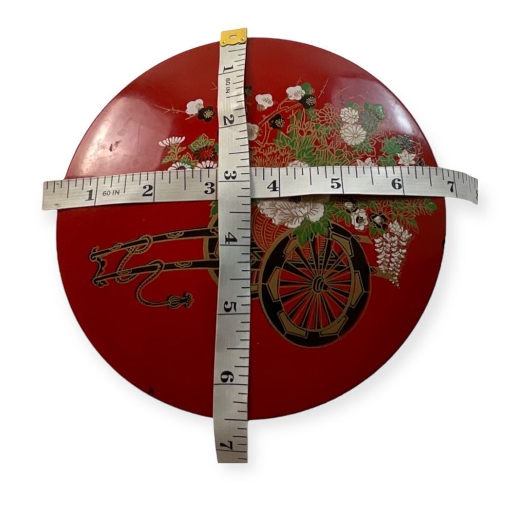 Vintage Retro Bento Box Red Enamel Floral 3 Pieces Lid and Holder - Picture 12 of 14